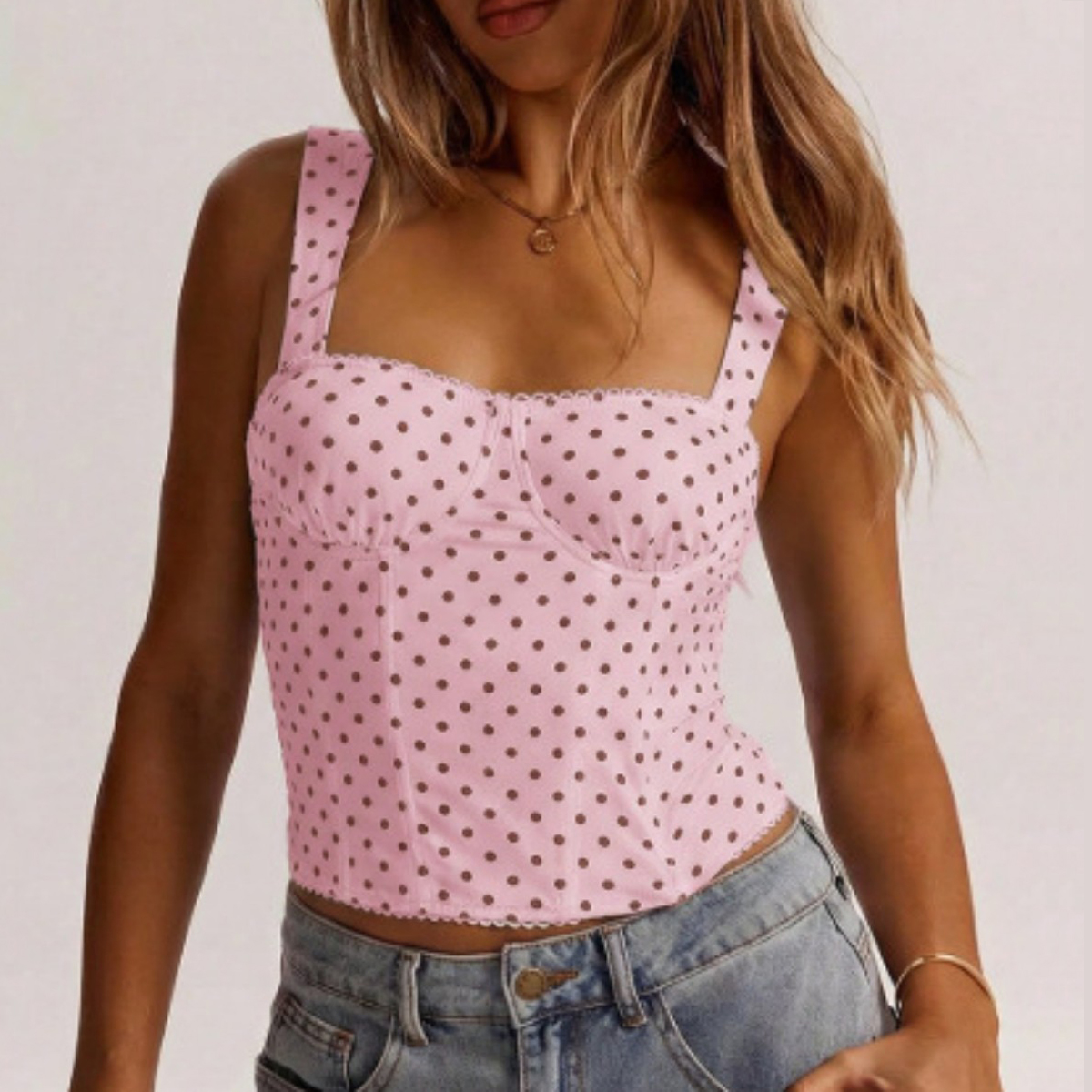 Women's Square Neck Polka Dot Corset Top - Pink-M