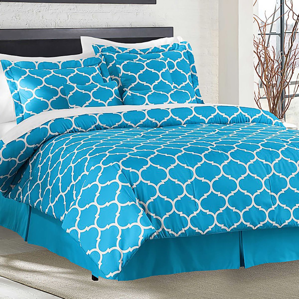 Trellis 7-Piece Comforter Set - Queen- Blue