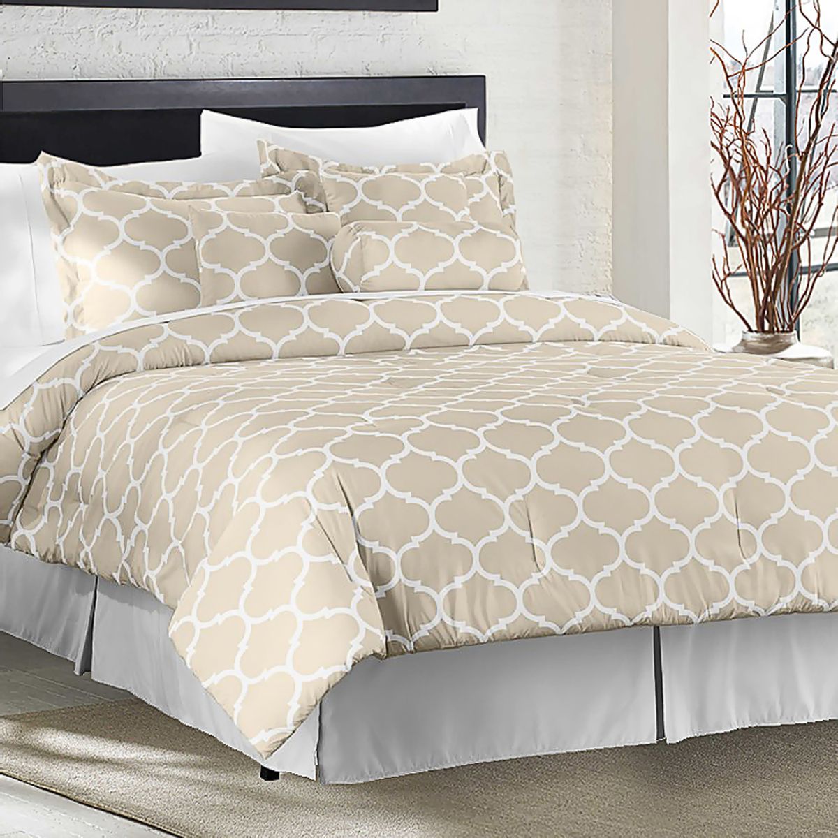 Trellis 7-Piece Comforter Set - Queen- Taupe