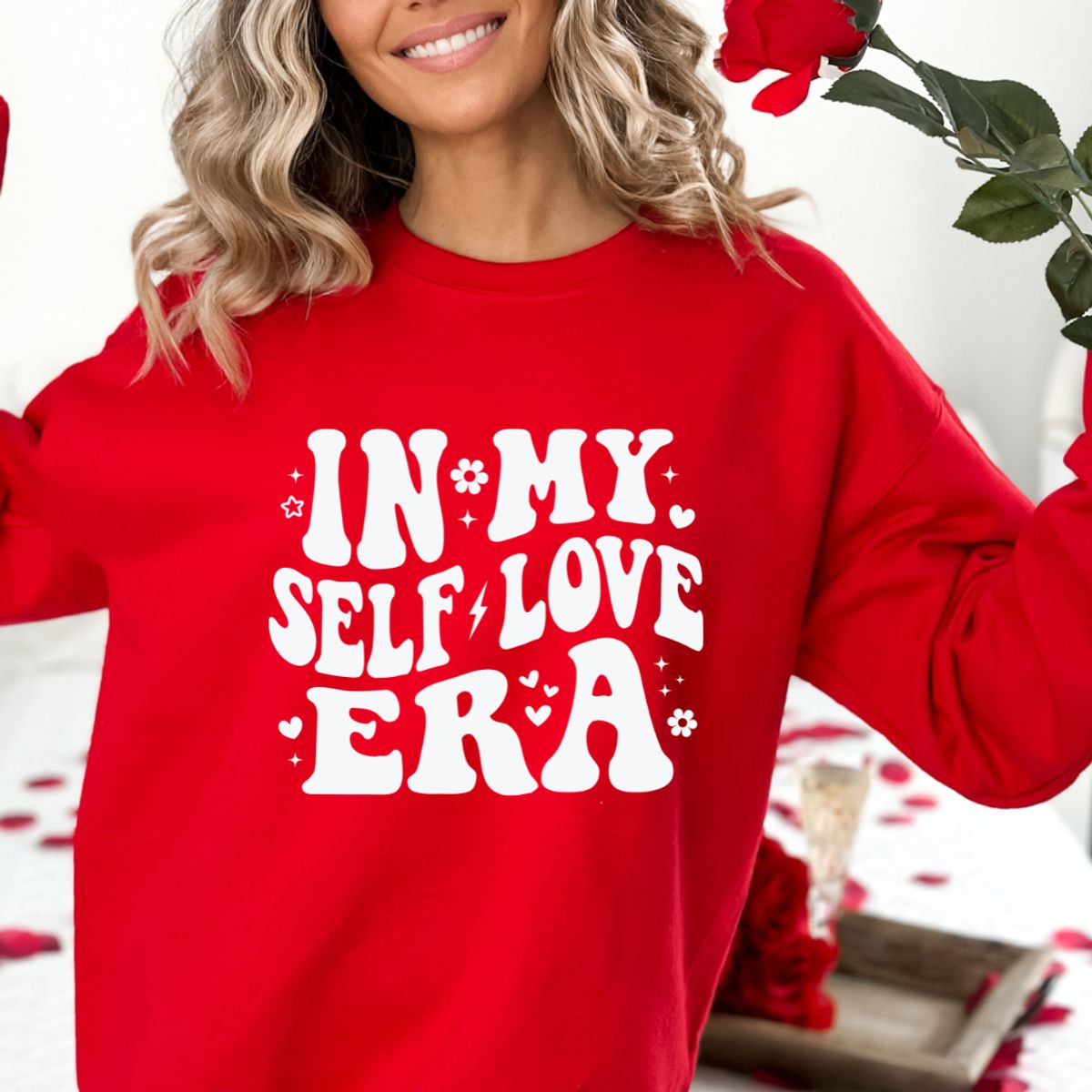 In My Self Love Era - White Print Sweater - Cherry Red / Small