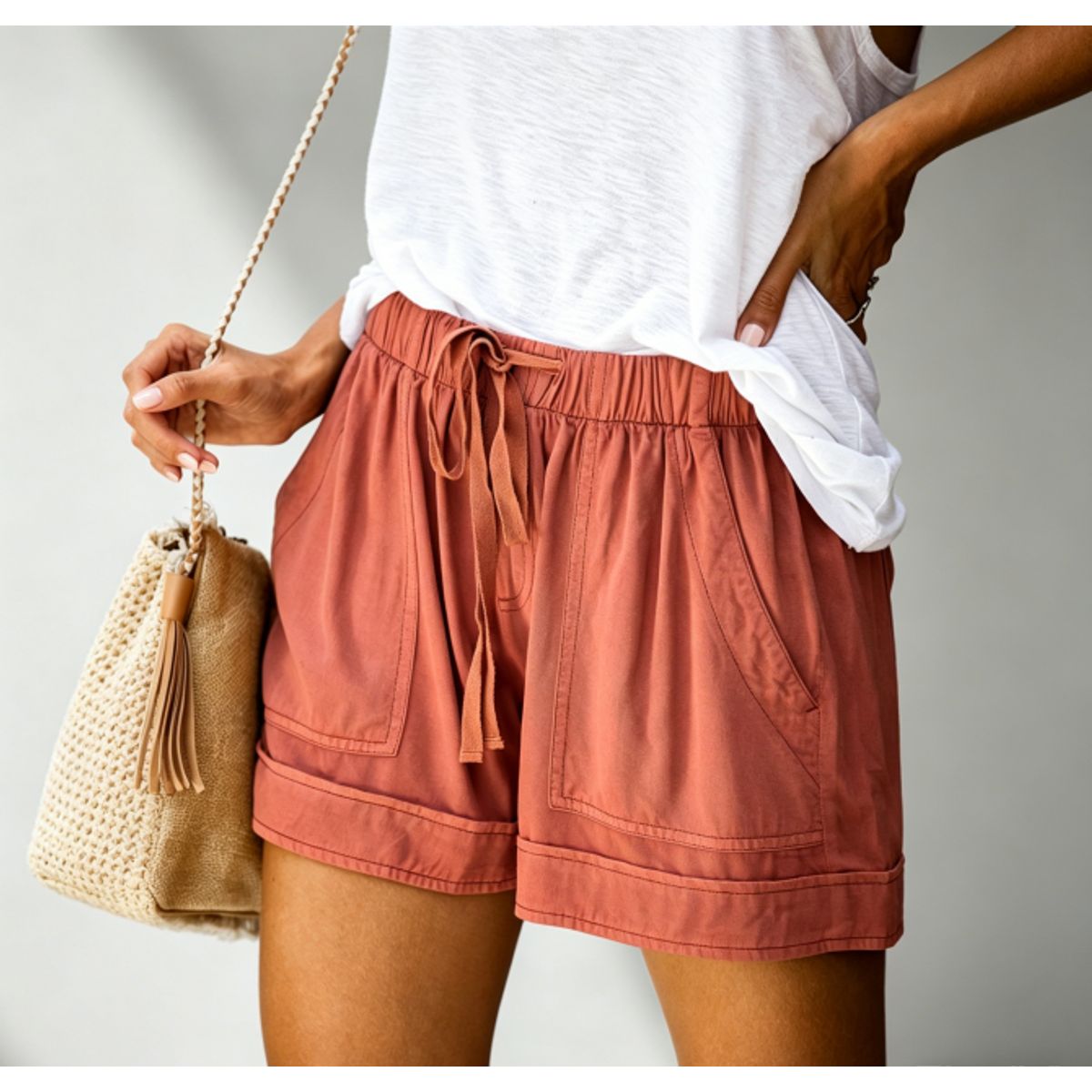 Women's Casual Drawstring Shorts - Orange-L