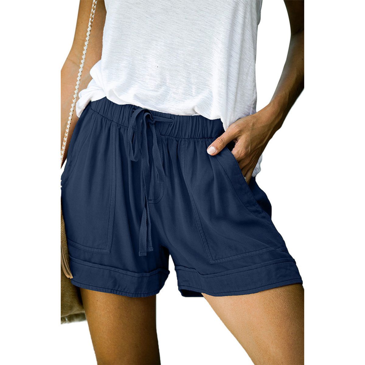 Women's Casual Drawstring Shorts - Navy Blue-XL