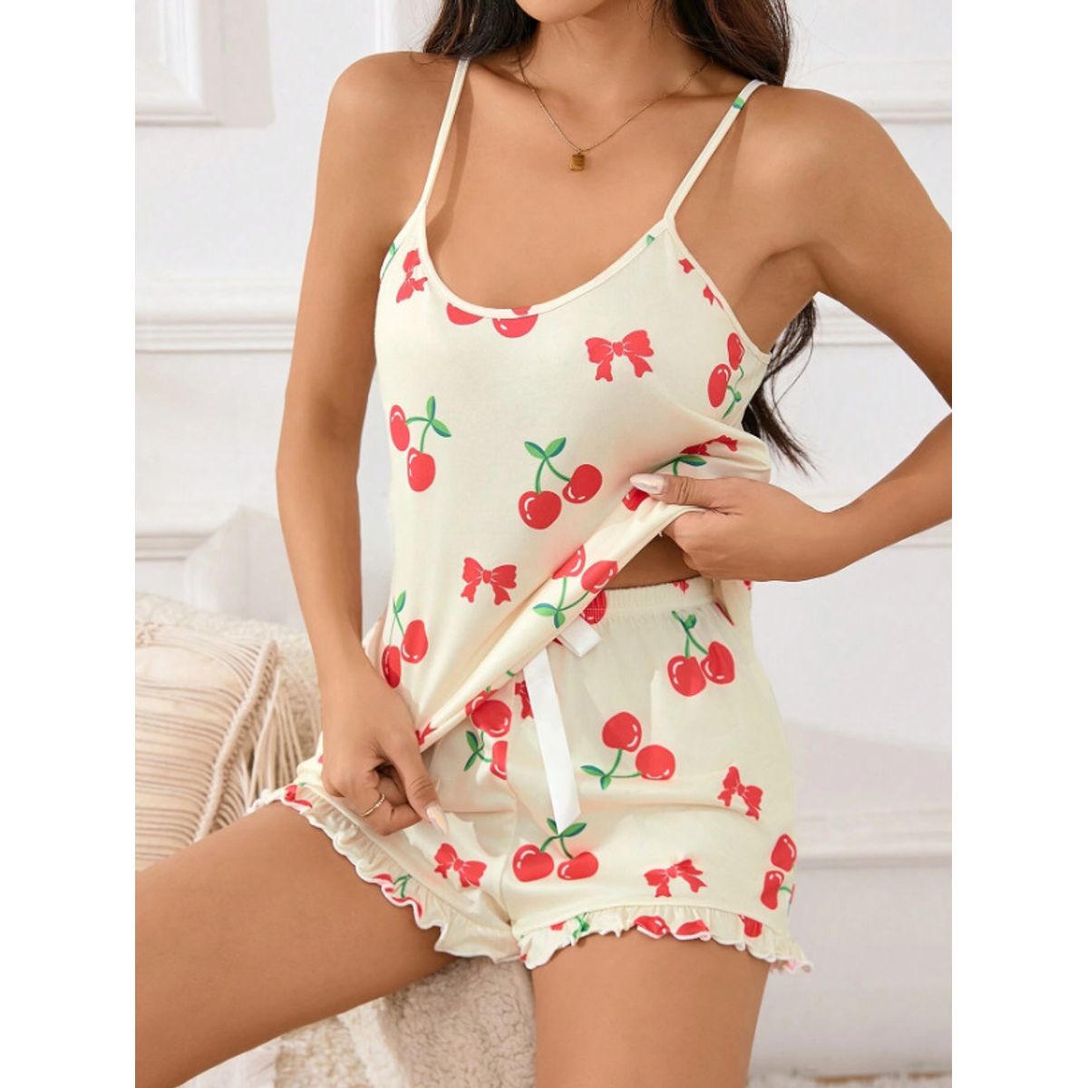 Women's Cherry Print Cami and Shorts Pajama Set - Yellow-S