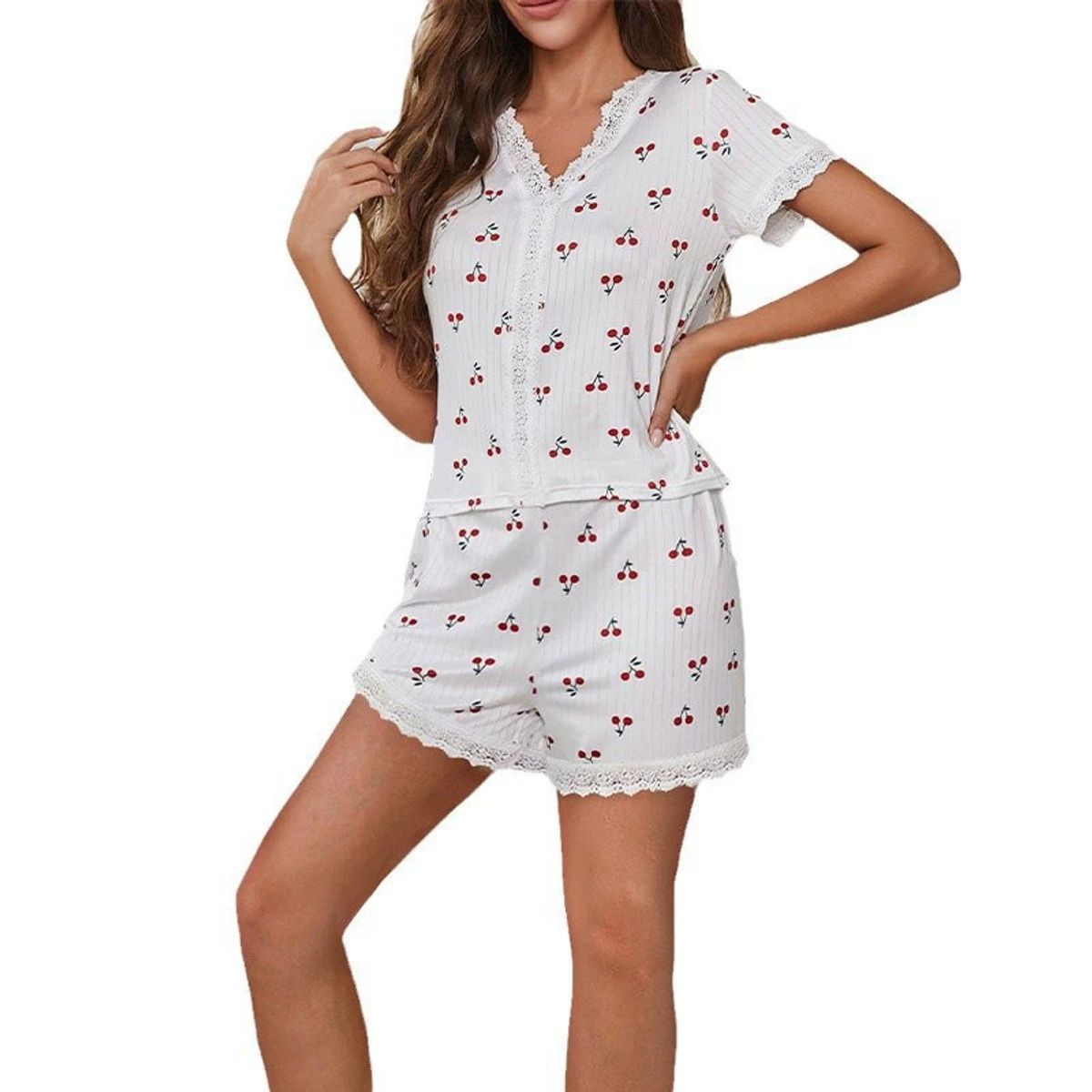 Women's Cherry Print Lace Trim Pajama Set - XL