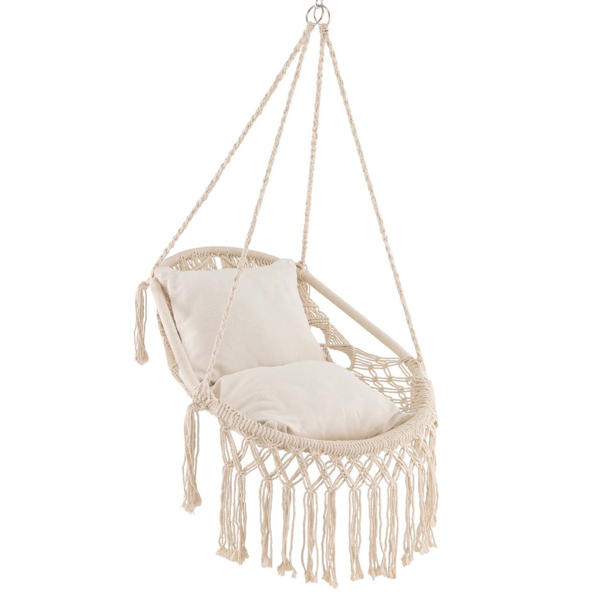 Macrame Swing Chair with Soft Cushions - Beige