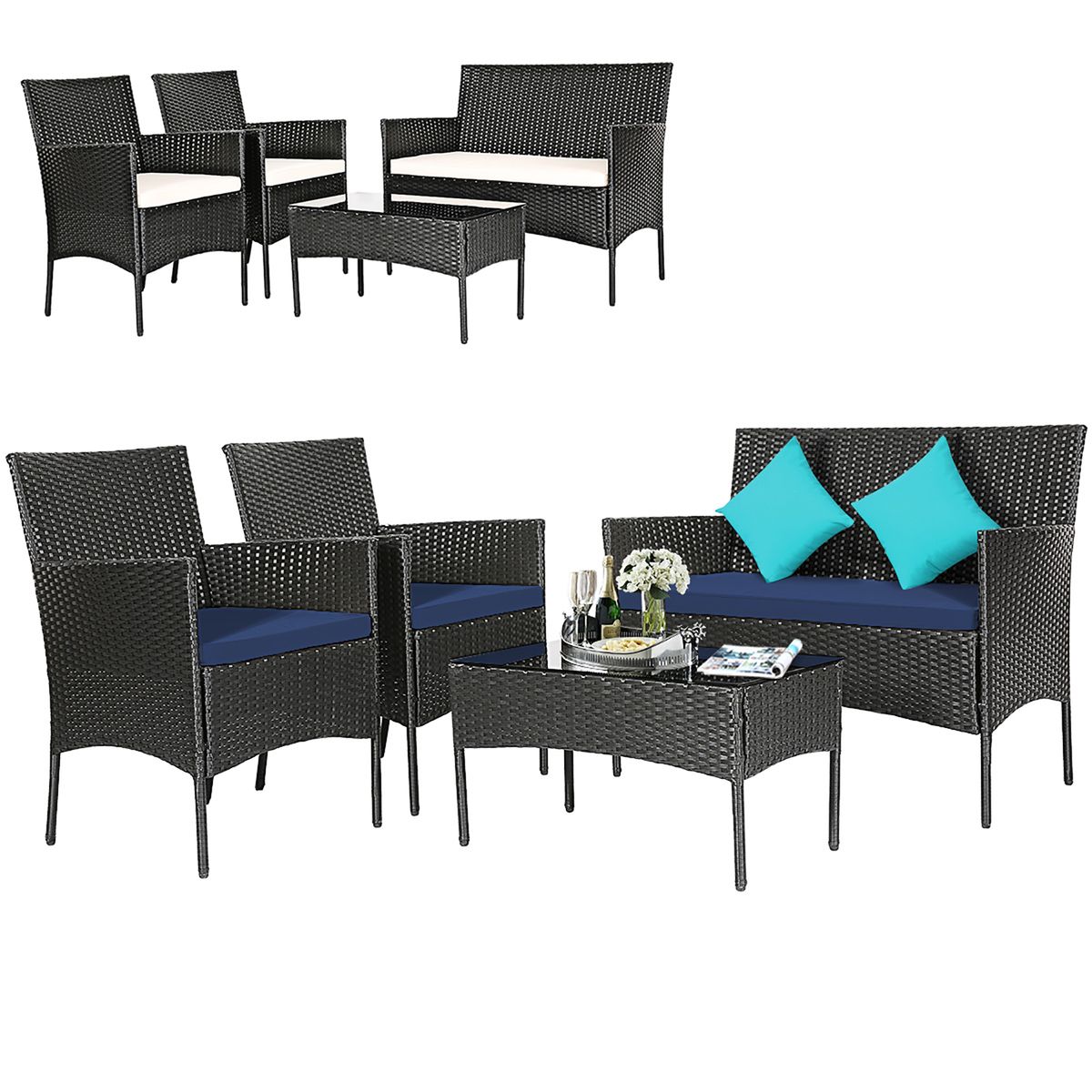 Patio Wicker Furniture Set with Coffee Table (4- or 8-Piece)  - 4PCS