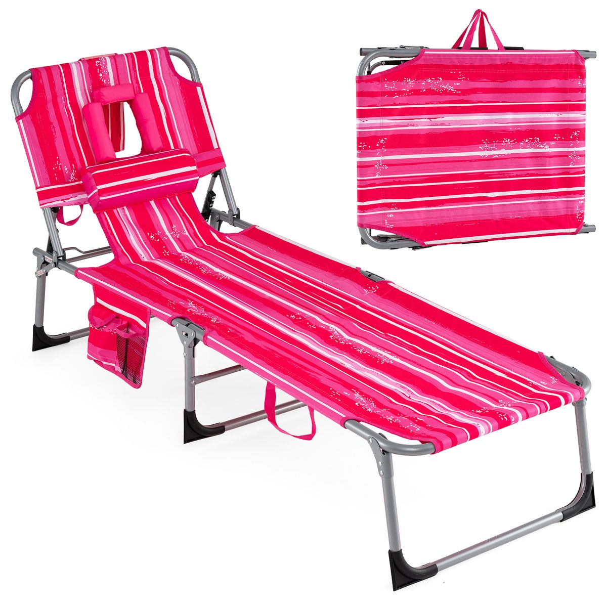 Portable Adjustable Chaise Lounge Tanning Chair - Chaise Lounge-Pink Stripe