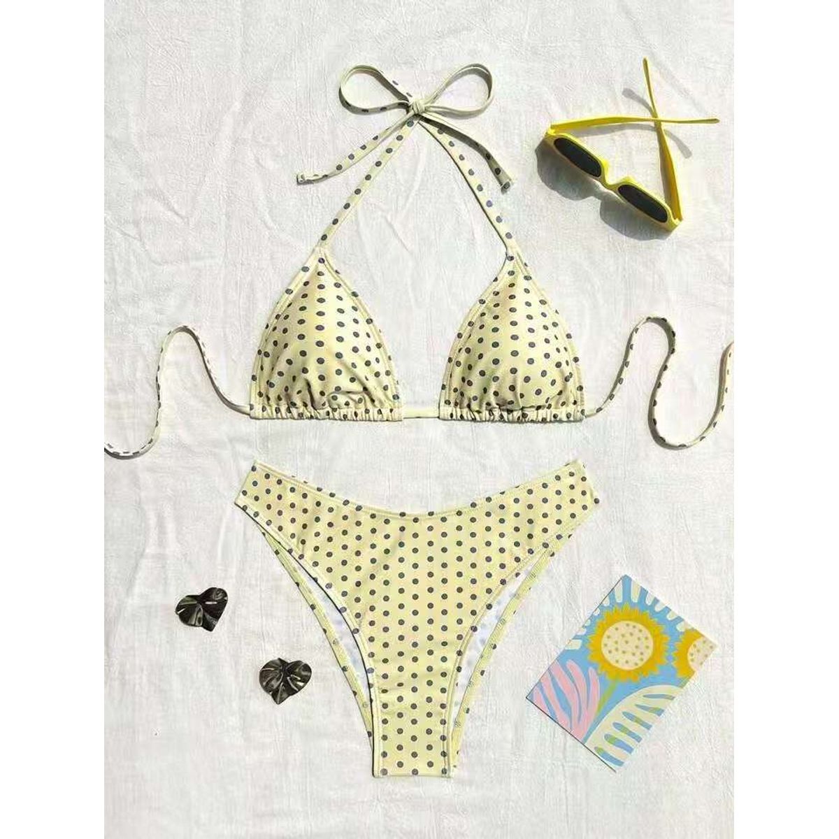 Polka Dot Triangle Bikini Set - Yellow-S