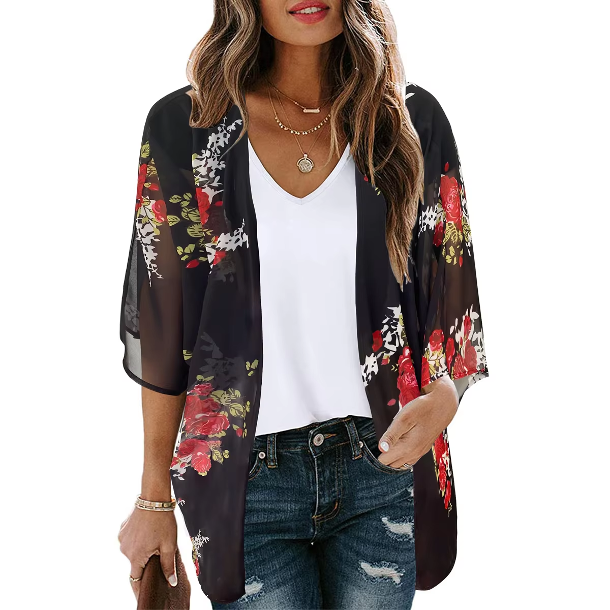 Women's Floral Print Kimono Cardigan - Style 5-2XL