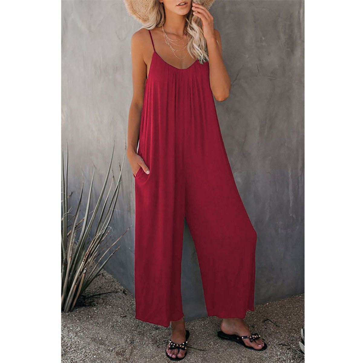 Loose Wide-Leg Romper with Pockets - Red-S