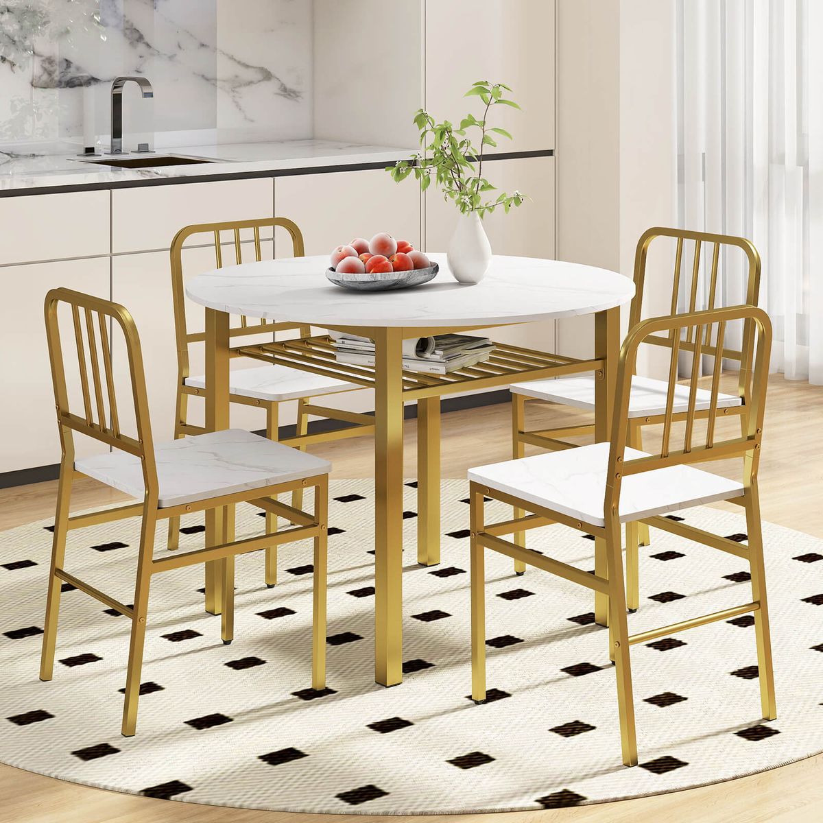 5-Piece Round Dining Table Set - Table Set-White