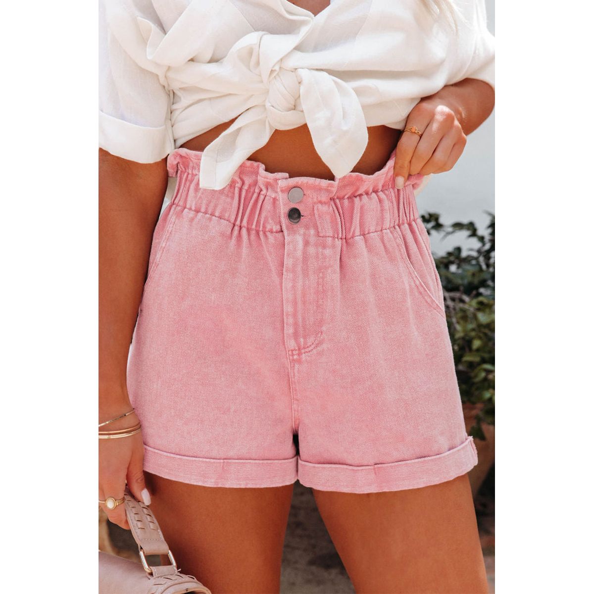 Melany Vintage Washed Frilled High Waist Denim Shorts - Dusty Pink / 6 / 65%Cotton+33%Polyester+2%Elastane