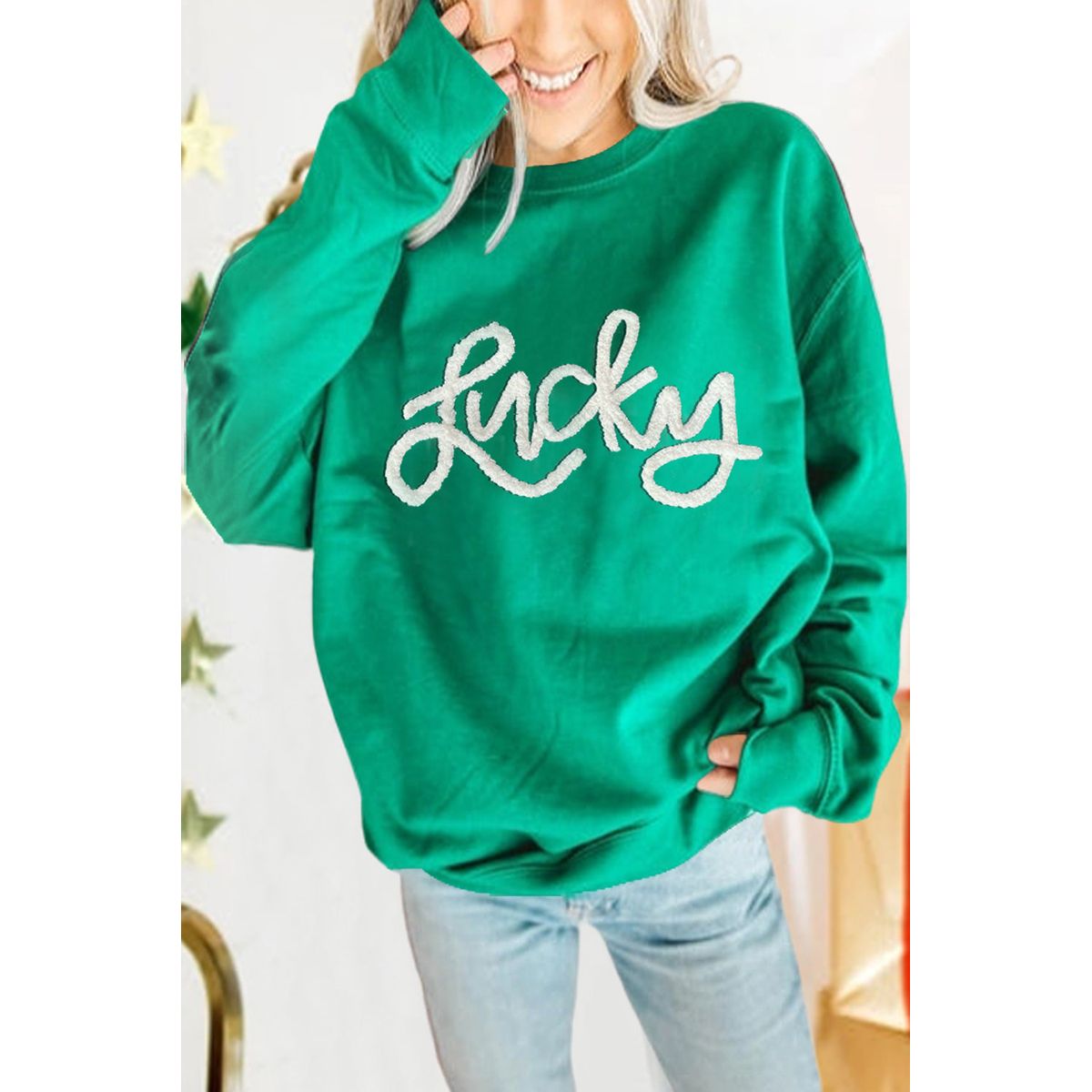 Demi Lucky Chenille Embroidered Pullover Sweatshirt - Green / S - 4/6 / 50%Polyester+50%Cotton