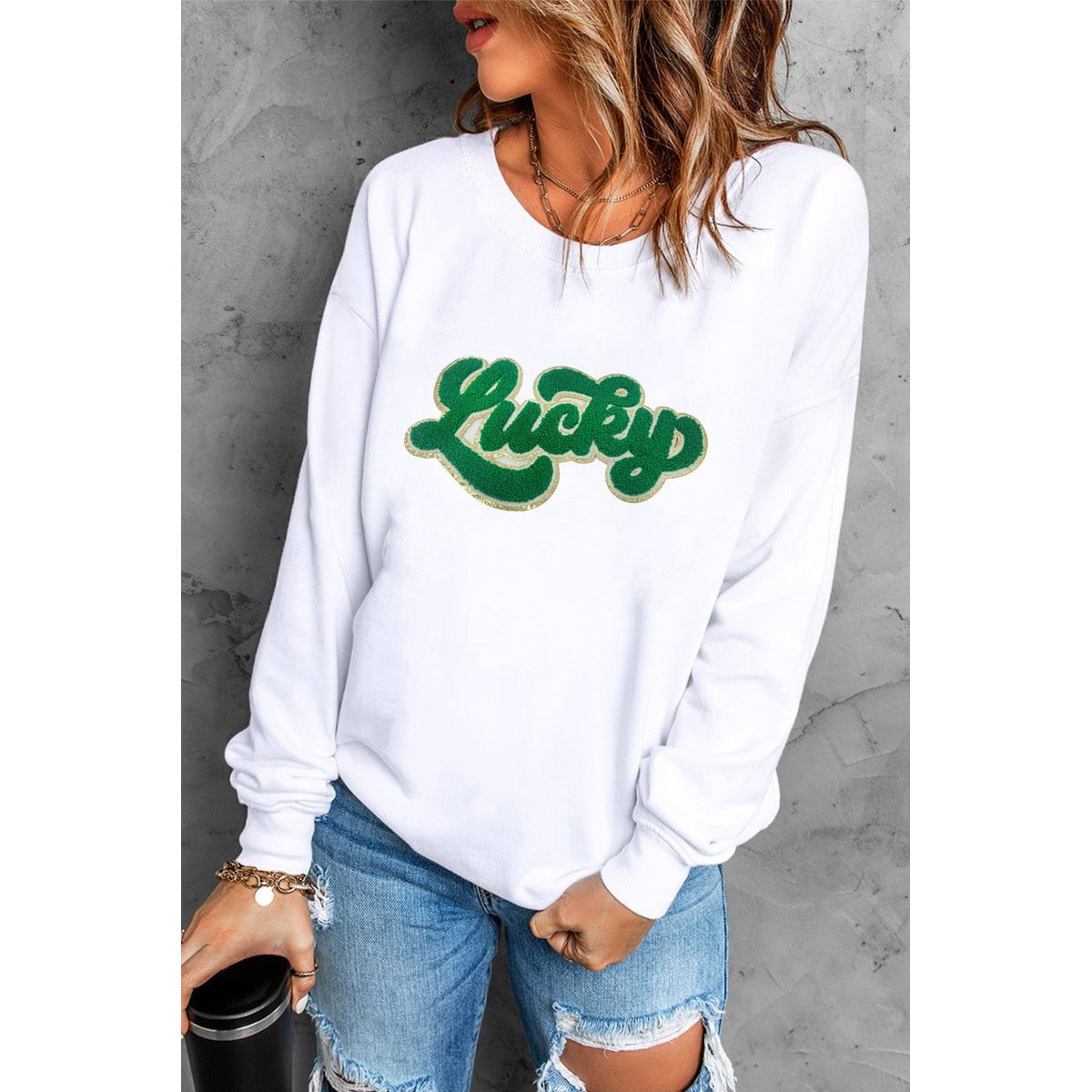 Brinley Chenille Lucky Pattern Sweatshirt - White / L - 12/14 / 50%Polyester+50%Cotton