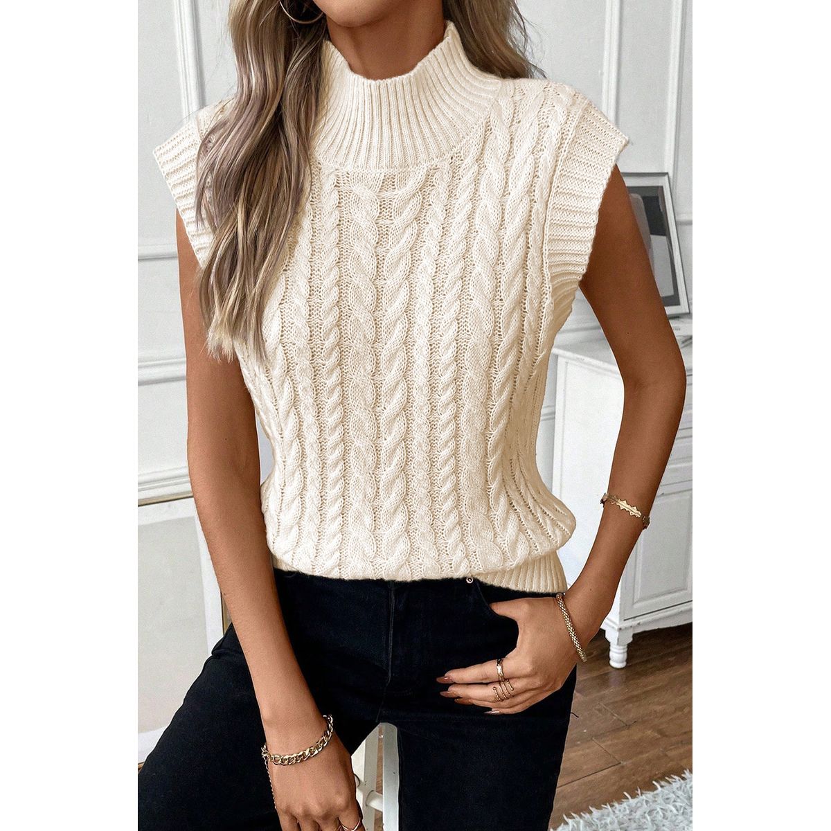 Sylvia Cable Knit High Neck Sweater Vest - Oatmeal / S - 4/6 / 100%Acrylic