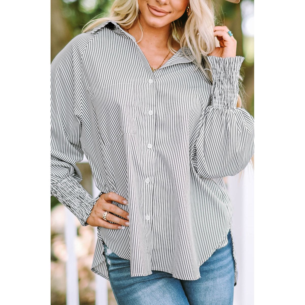 Skye Smocked Cuffed Boyfriend Shirt with Pocket - Black / XL - 16/18 / 100%Polyester