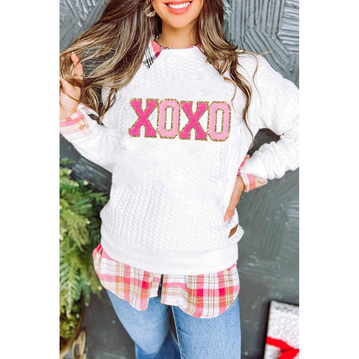 Logan XOXO Glitter Chenille Cable Knit Pullover Sweatshirt - White / 2XL -18/20 / 95%Polyester+5%Elastane