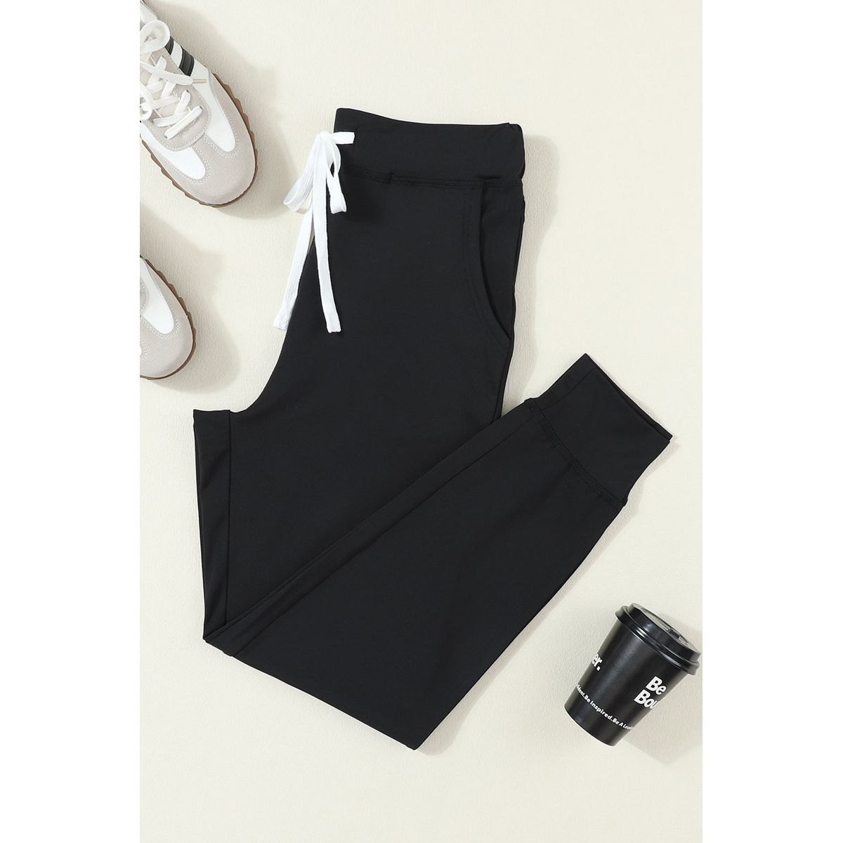 River Drawstring Waist Pocketed Leggings - Black / L - 12/14 / 90%Polyester+10%Elastane