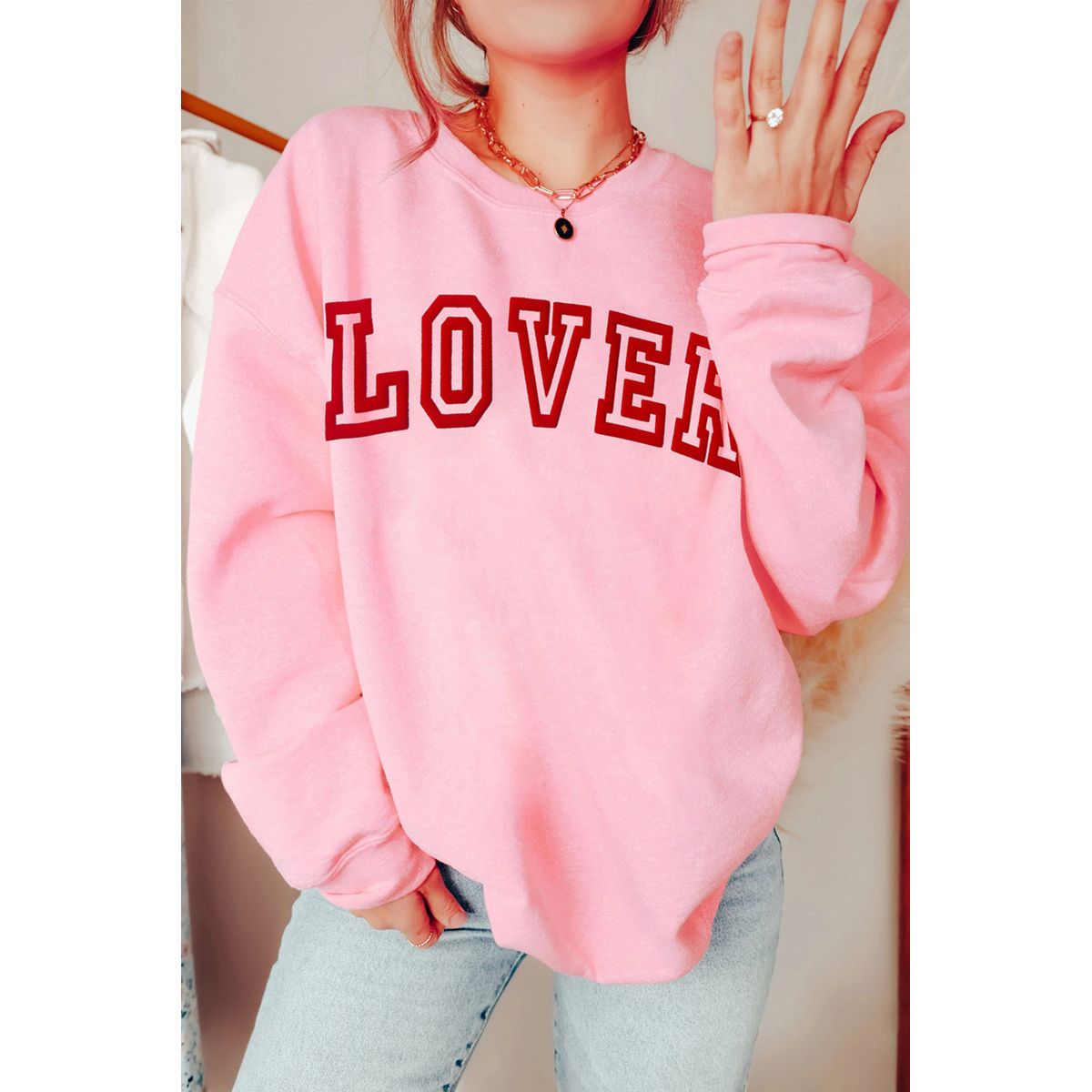 Raya LOVER Drop Shoulder Pullover Sweatshirt - Pink / S - 4/6 / 50%Polyester+50%Cotton