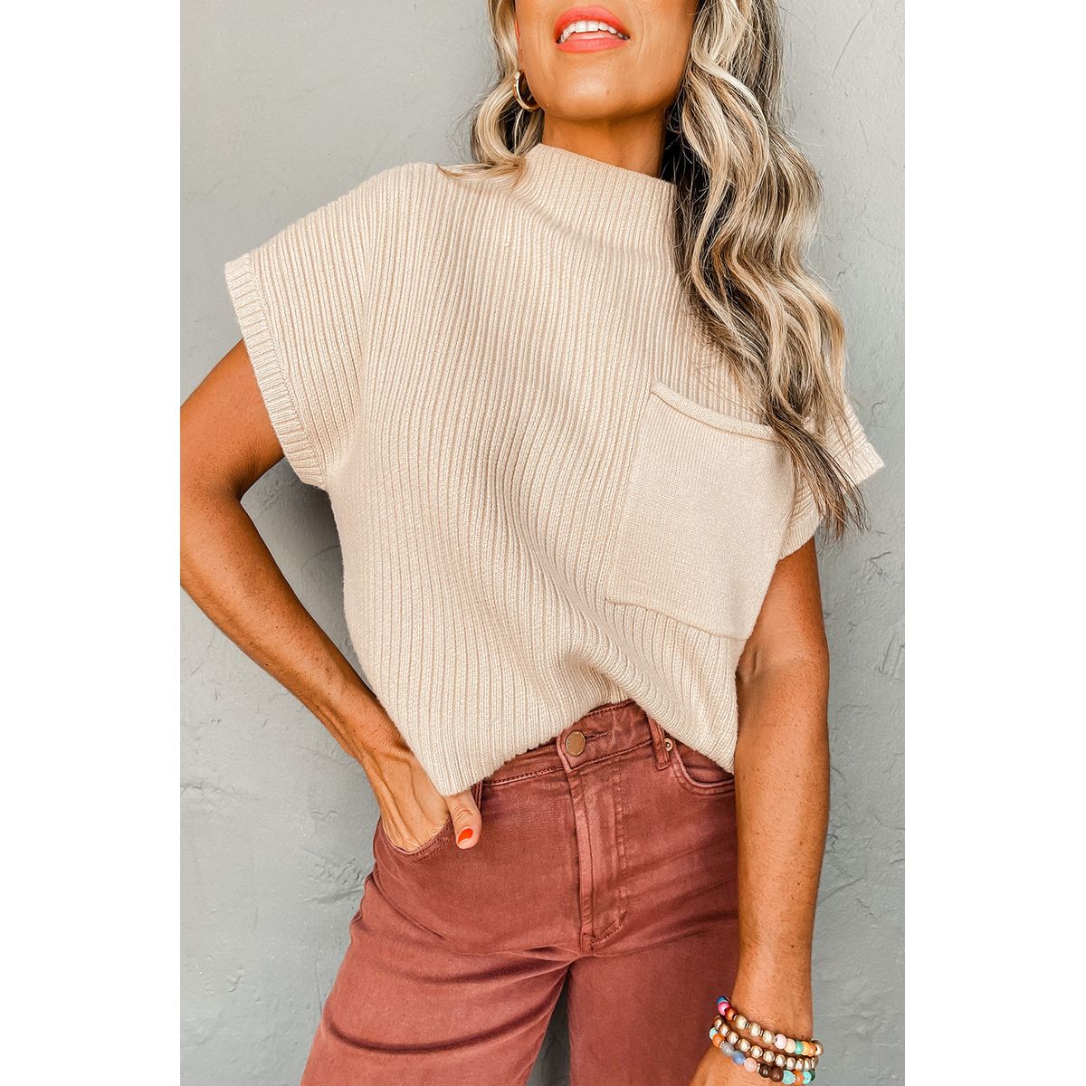 Lindsey Patch Pocket Ribbed Knit Short Sleeve Sweater - Oatmeal / 2XL - 18/20 / 50%Viscose+28%Polyester+22%Polyamide