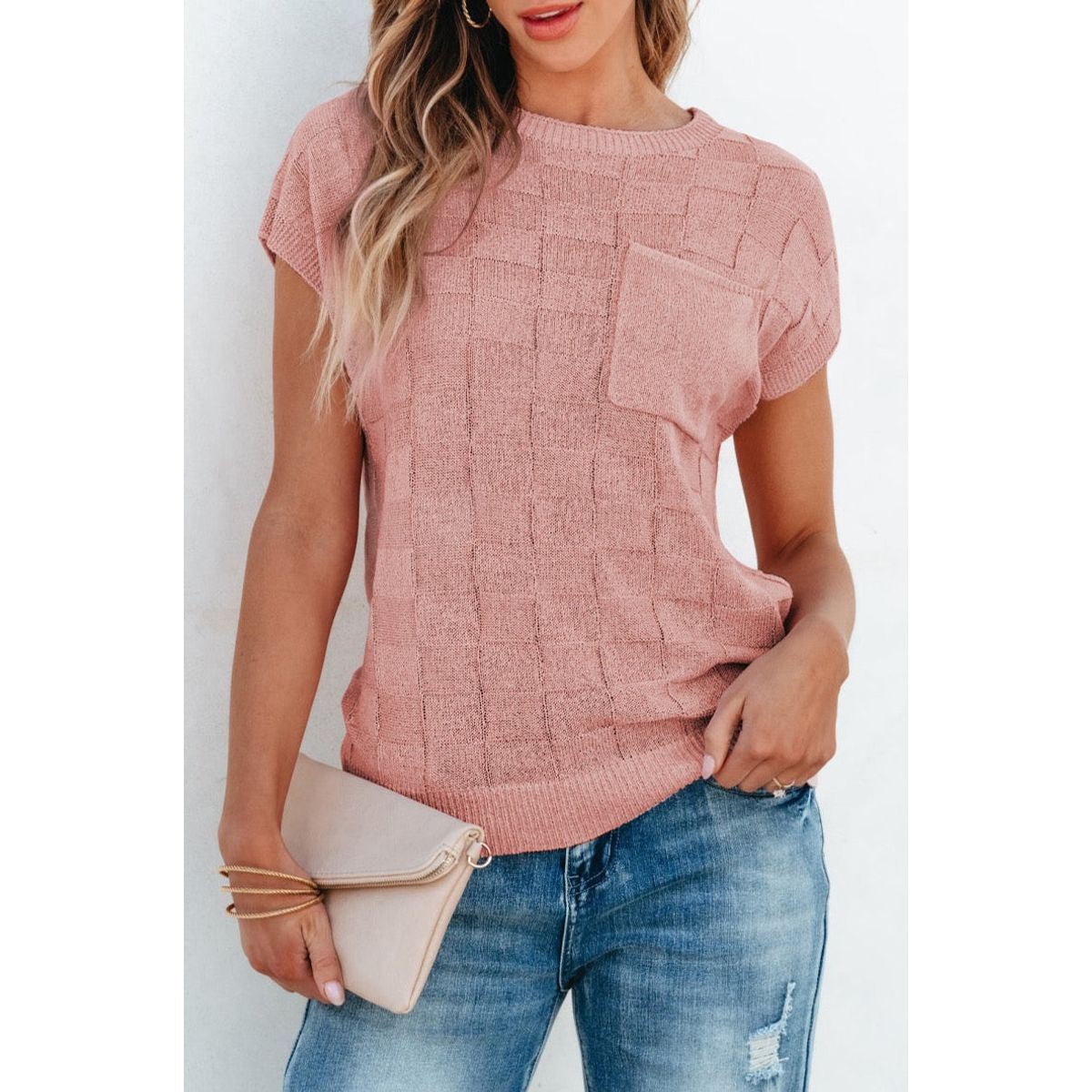 Andrea Lattice Textured Knit Short Sleeve Sweater - Dusty Pink / S - 4/6 / 75%Acrylic+25%Polyamide