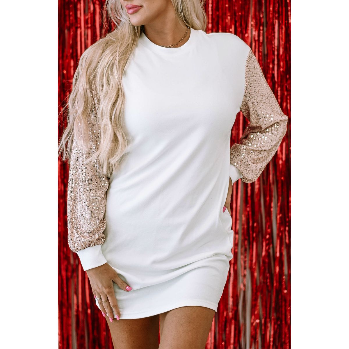 Mandy Sequin Puff Sleeve Shift Mini Dress - White / XL - 16/18 / 90%Polyester+10%Elastane
