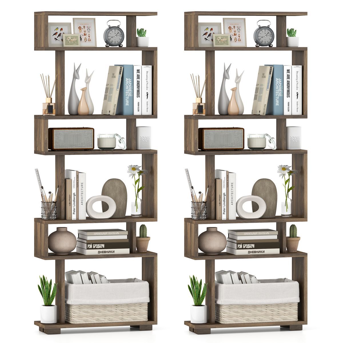 6-Tier Open Bookshelf - Costway 2 PCS Bookcase 6-Tier Brown