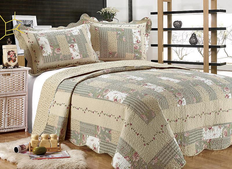 Printed 3-Piece Quilt Set - Beige Floral Patchwork - F/Q