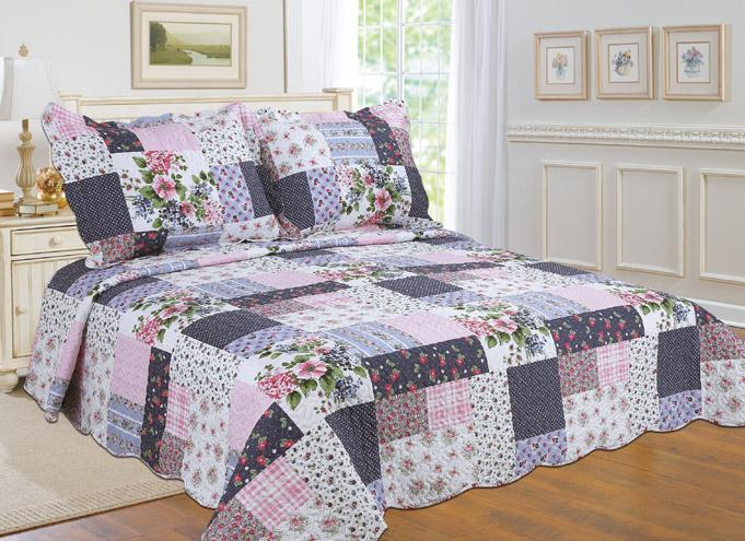 Printed 3-Piece Quilt Set - Purple Floral - King