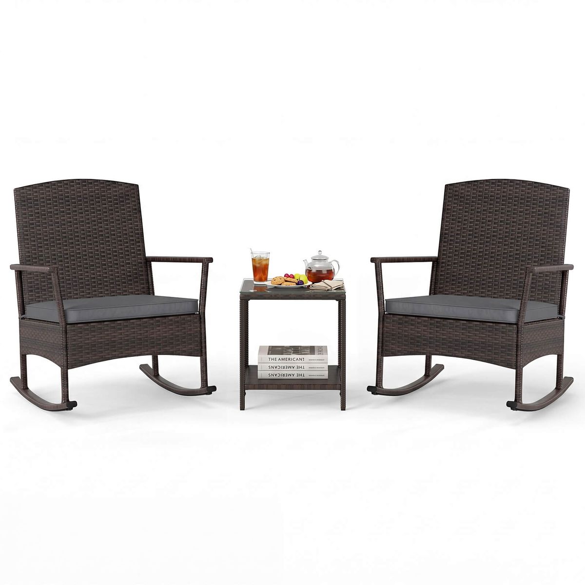 Wicker Patio Rocking Set (3-Pieces) - Rocking Set-GR
