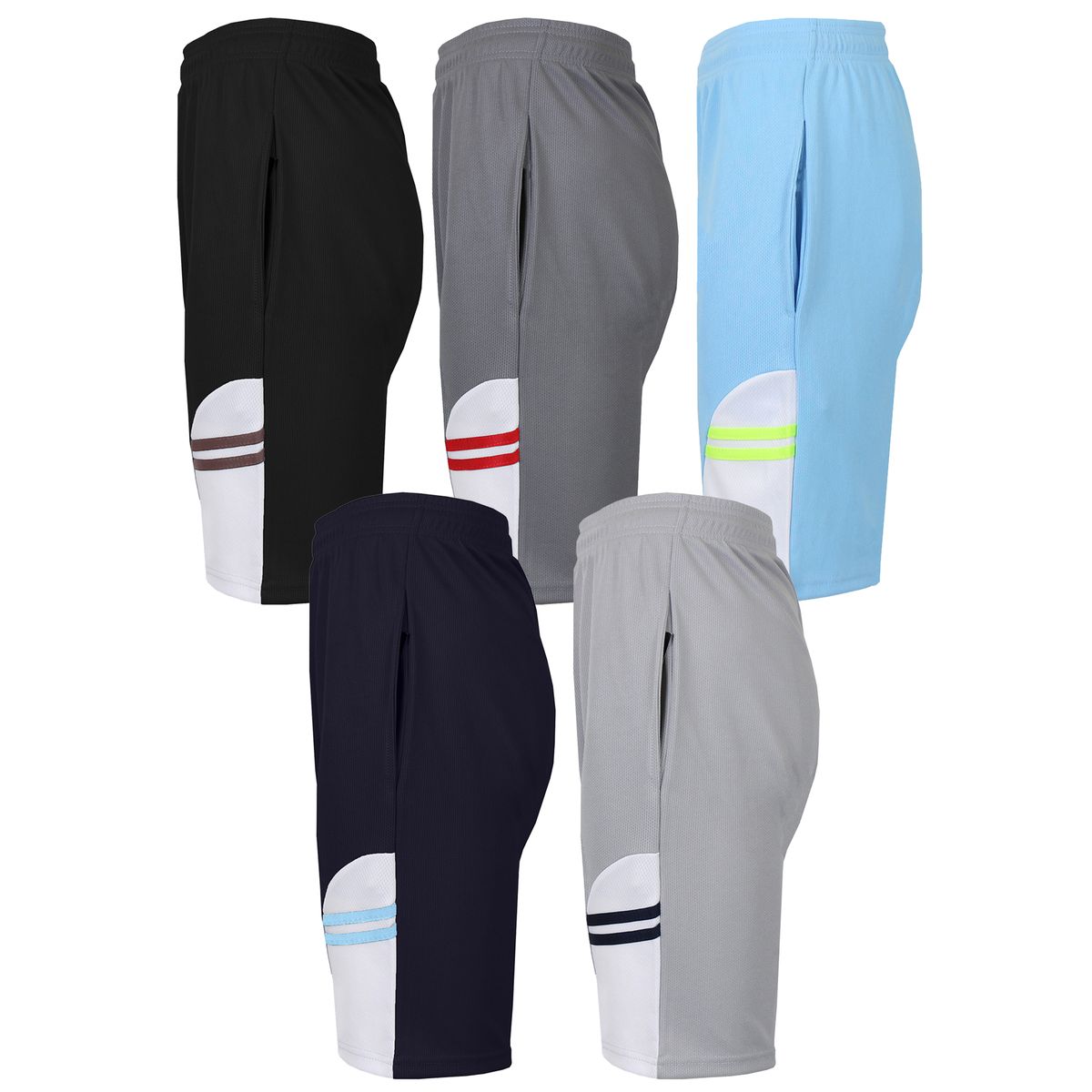 5-Pack Moisture Wicking Performance Active Mesh Shorts with Design - MMS-2202 - BK-LB-CH-NV-SV - S