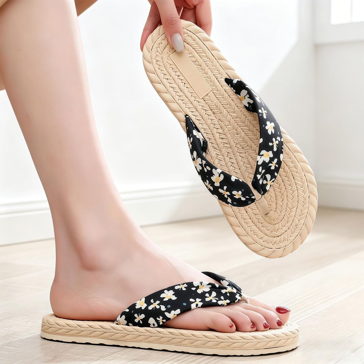 Women's Boho Floral Fabric Strap Flip-Flops - Black-7