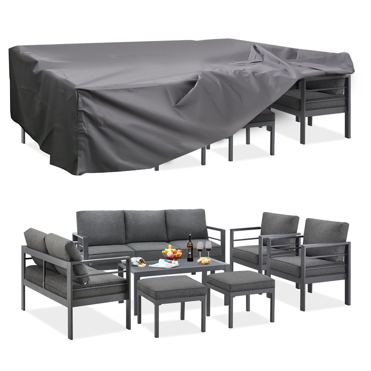 Aluminum Outdoor Patio Furniture Set with Coffee Table - Black With Cover