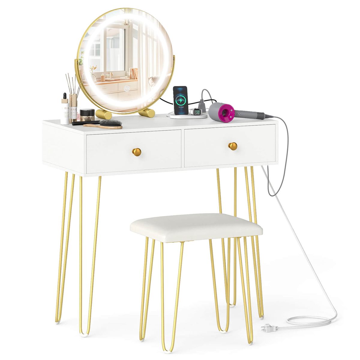Vanity Desk with Stool and Adjustable Lighted Mirror - Vanity-White