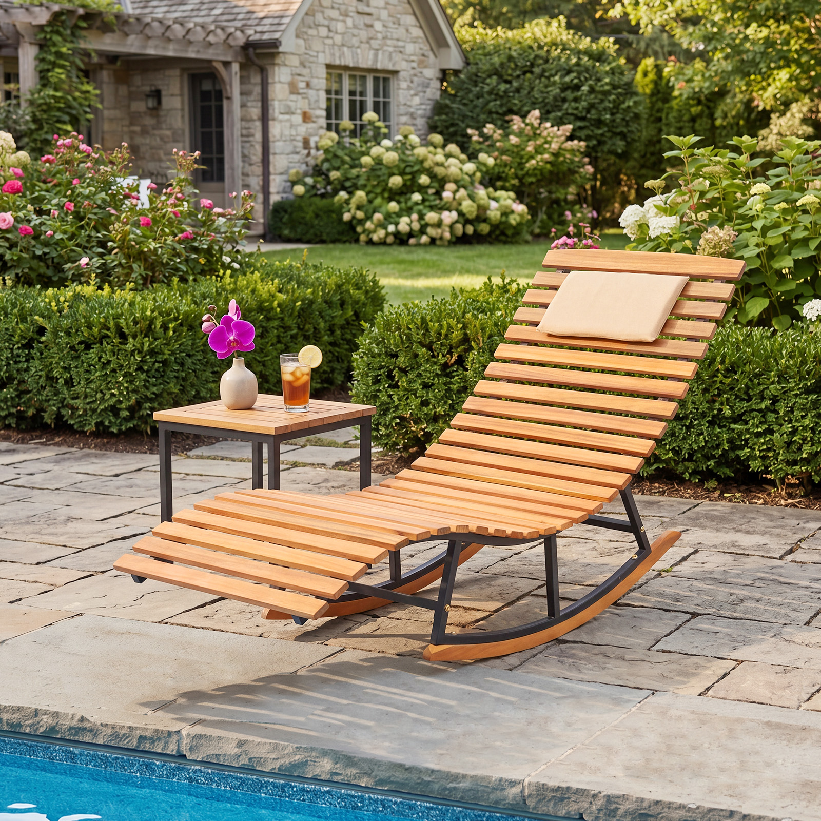 Patio Acacia Wood Rocking Chaise (1- or 2-Pack) - Lounge Chair-1