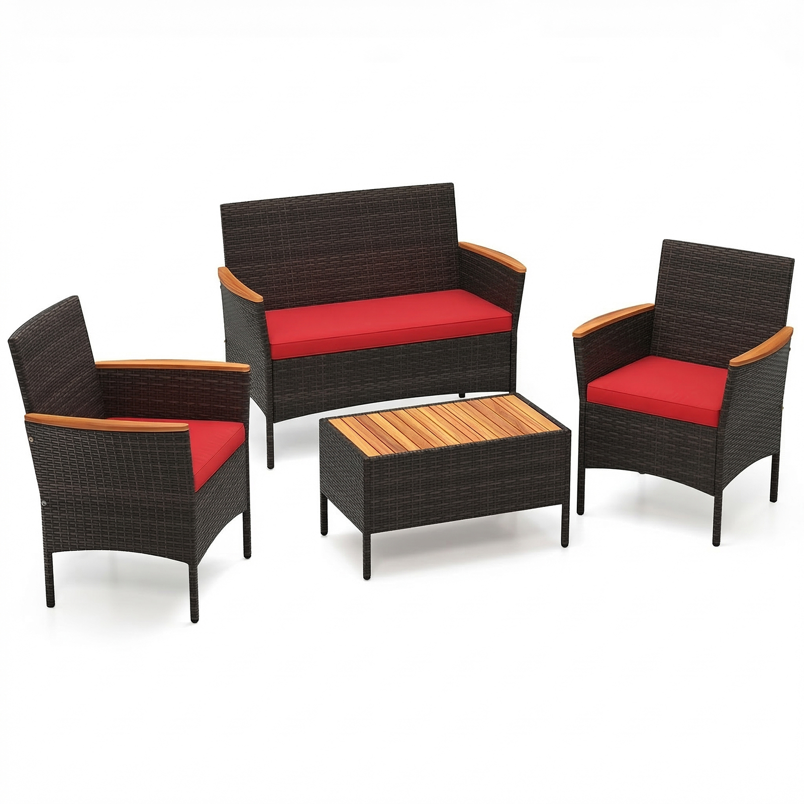 4-Piece Patio Wicker Sofa Set With Coffee Table - Red