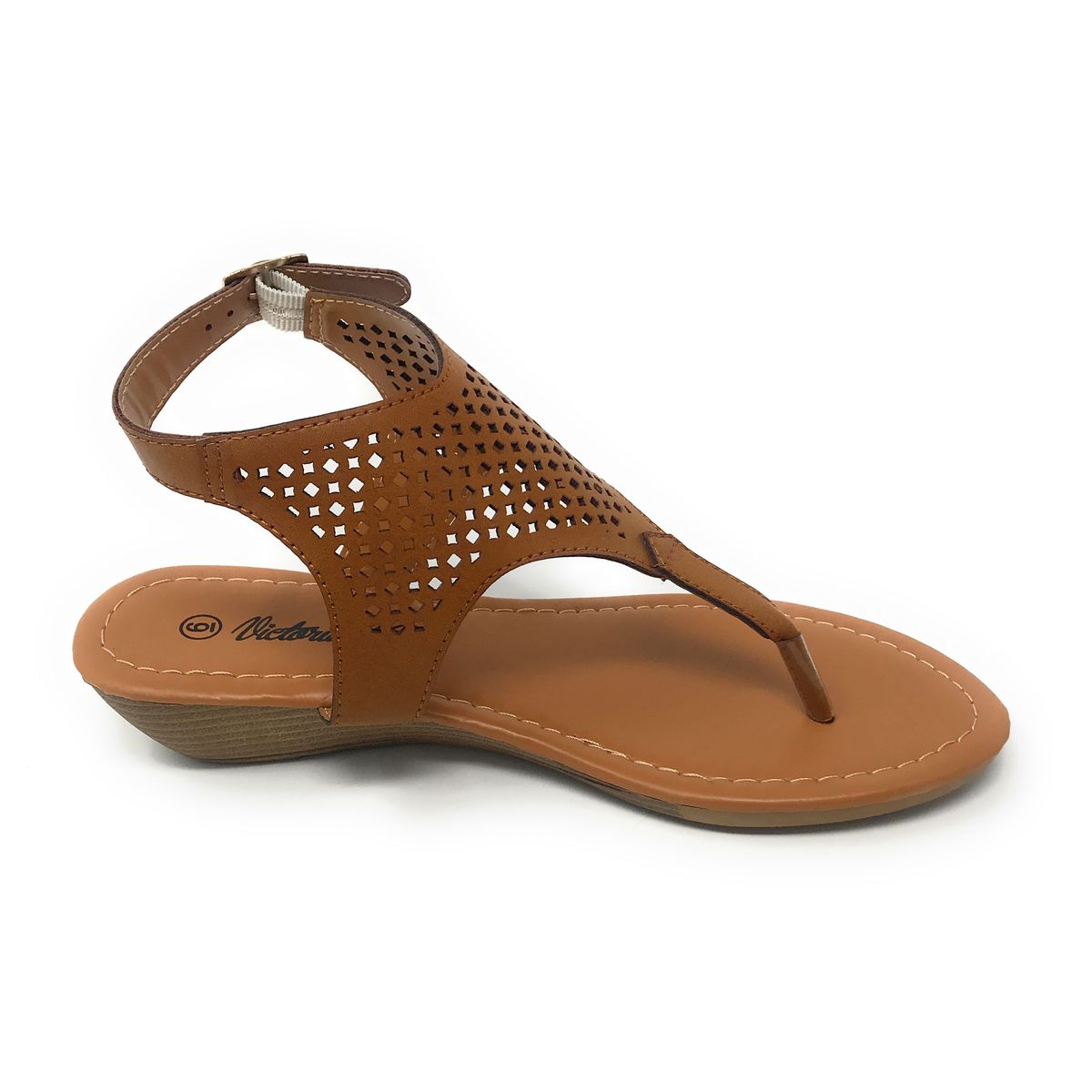 Victoria K Wedge Perforated Front Sandals - Camel-6