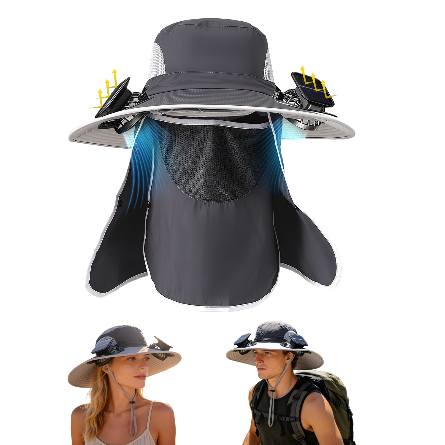 Wide Brim Sun Hat with Dual Cooling Fans - Dark Grey