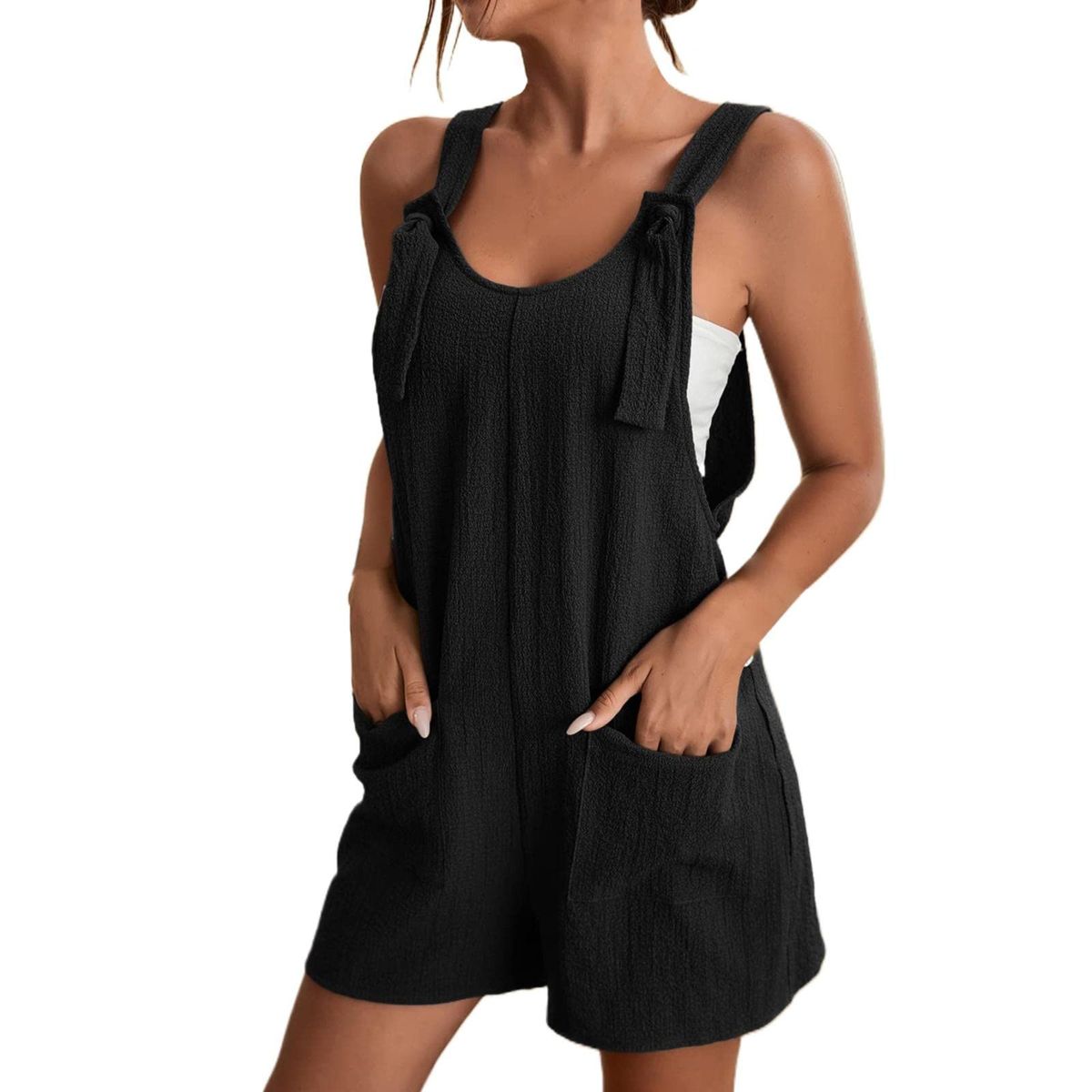 Women's Textured Knotted Strap Short Overalls - Black-S