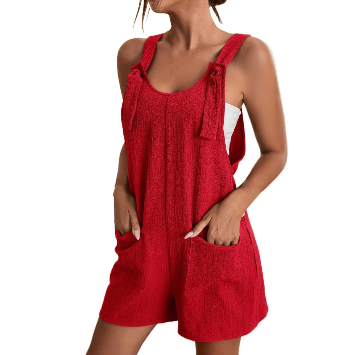 Women's Textured Knotted Strap Short Overalls - Red-XL