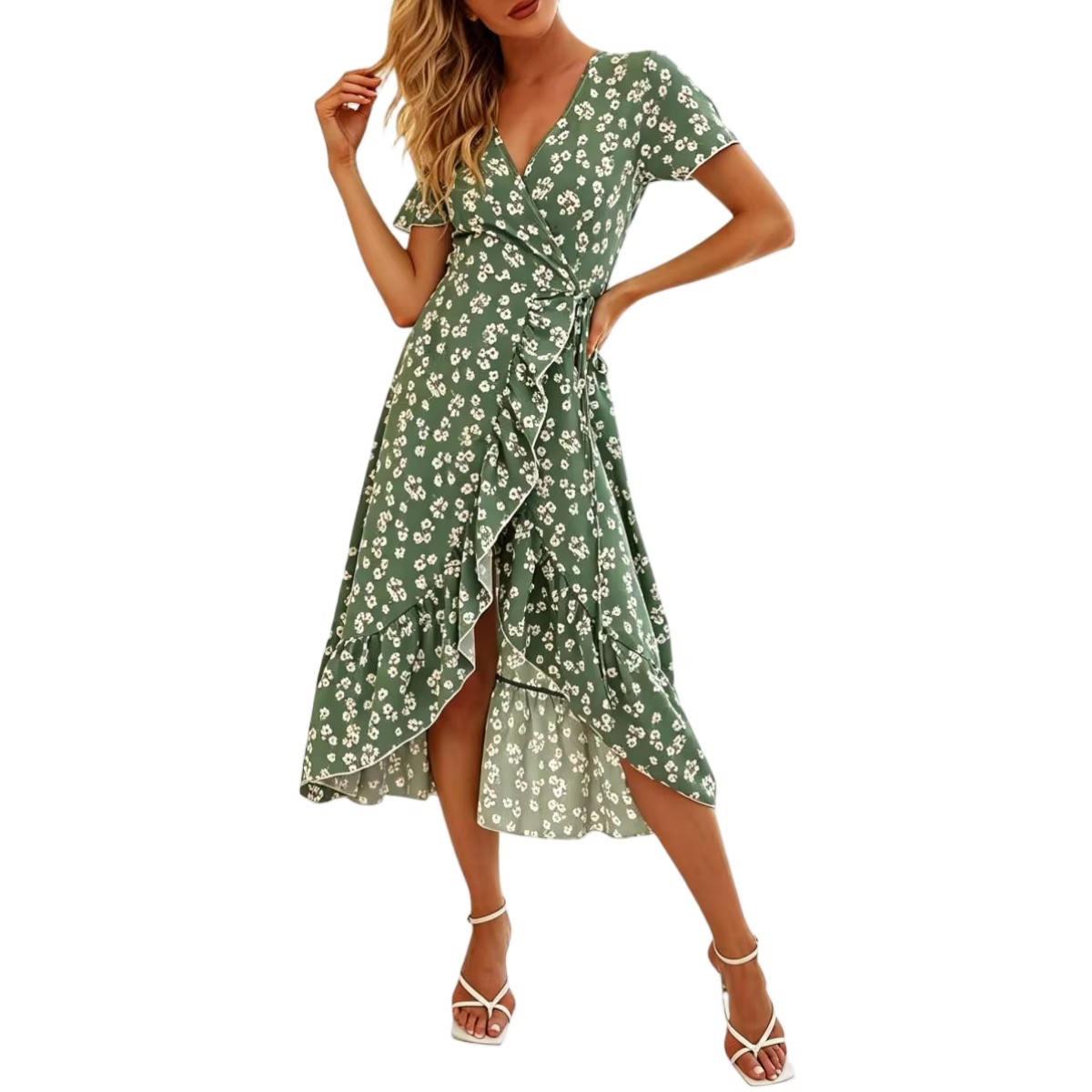 Women&rsquo;s Wrap Floral Midi Dress - Green-M