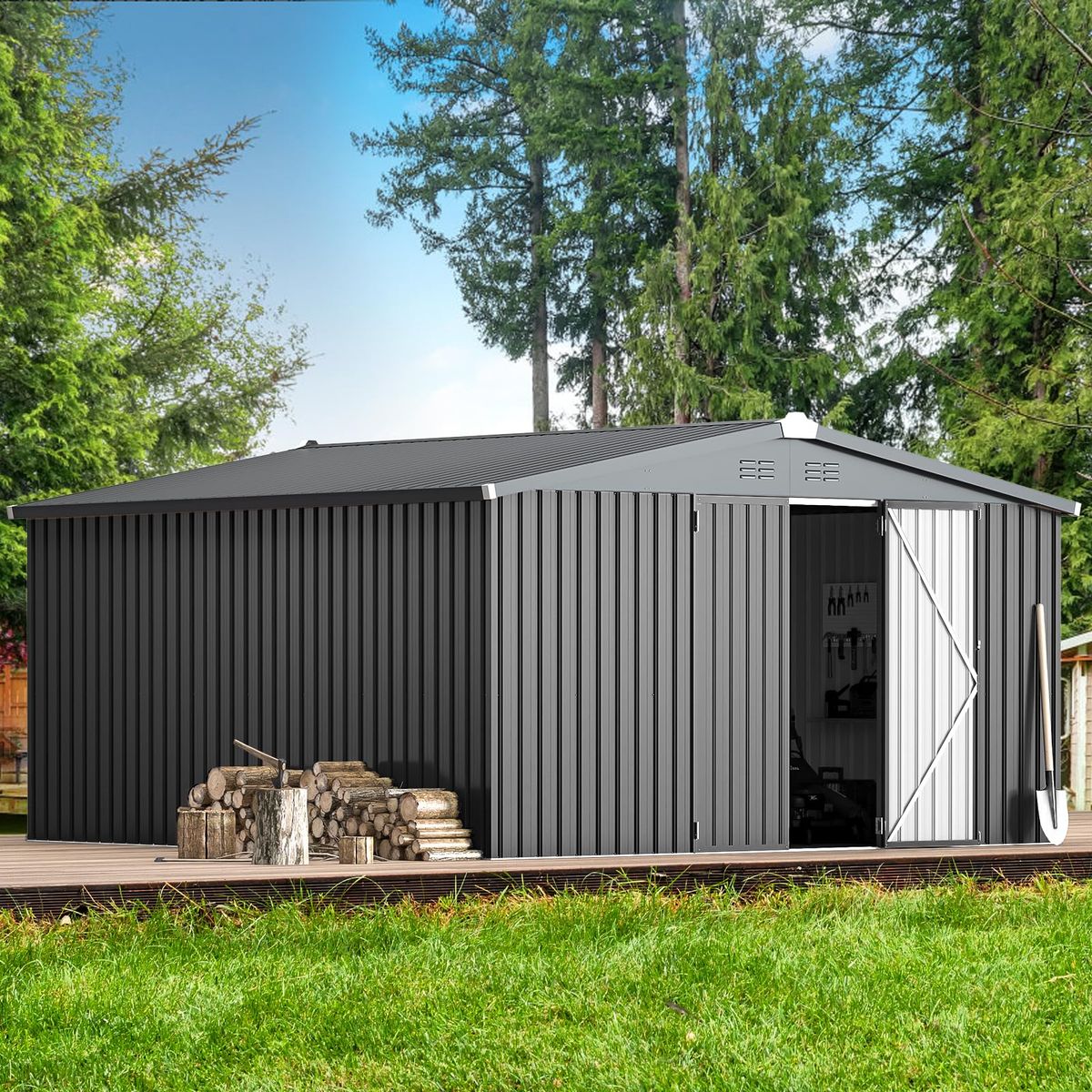 12' x 12' Outdoor Storage Shed with Lockable Doors - Dark Gray