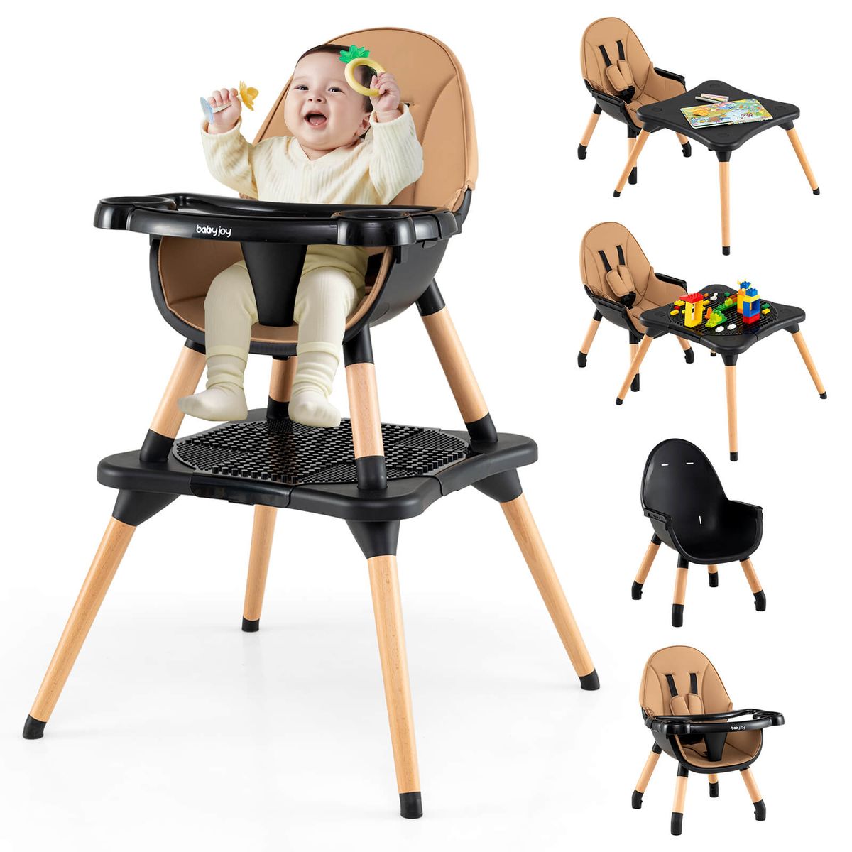 6-in-1 Infant Wooden Convertible High Chair - Coffee