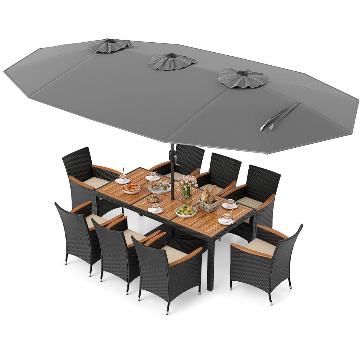 11-Piece Patio Wicker Dining Set with Umbrella - GR+WH Cushion
