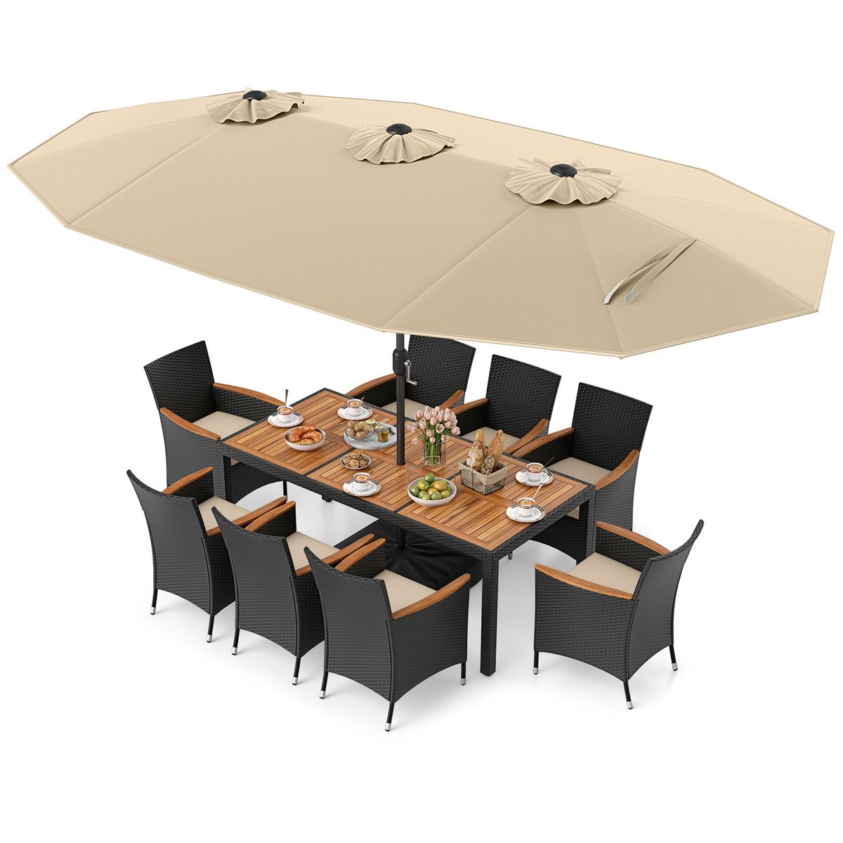 11-Piece Patio Wicker Dining Set with Umbrella - BE+WH Cushion