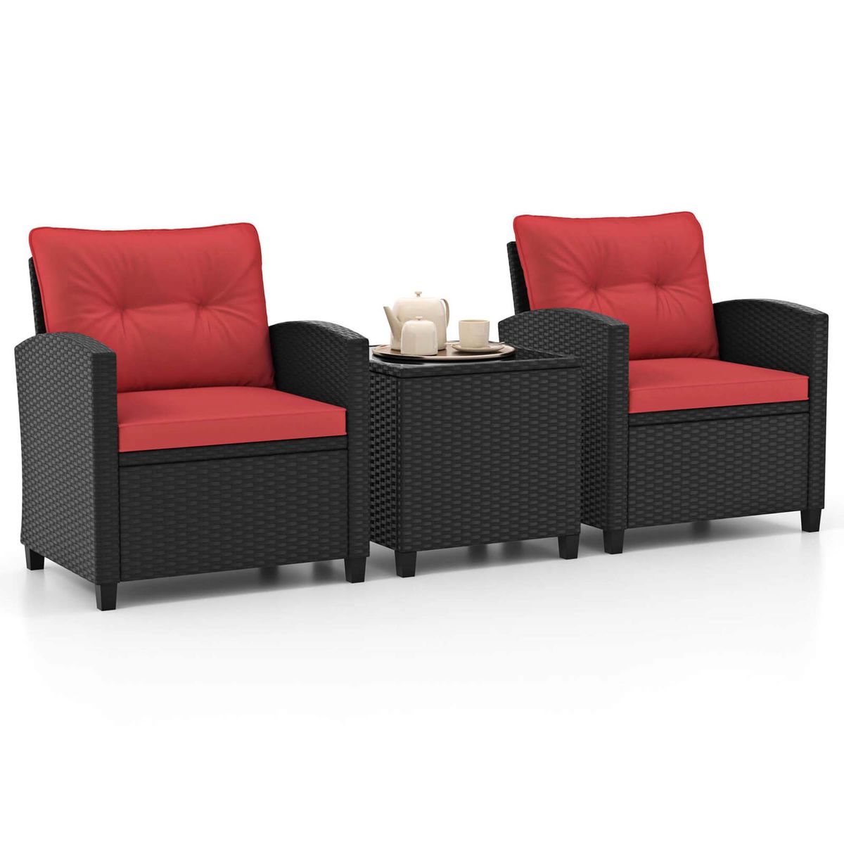 Black Rattan Patio Furniture Set (3 Pieces) - Red