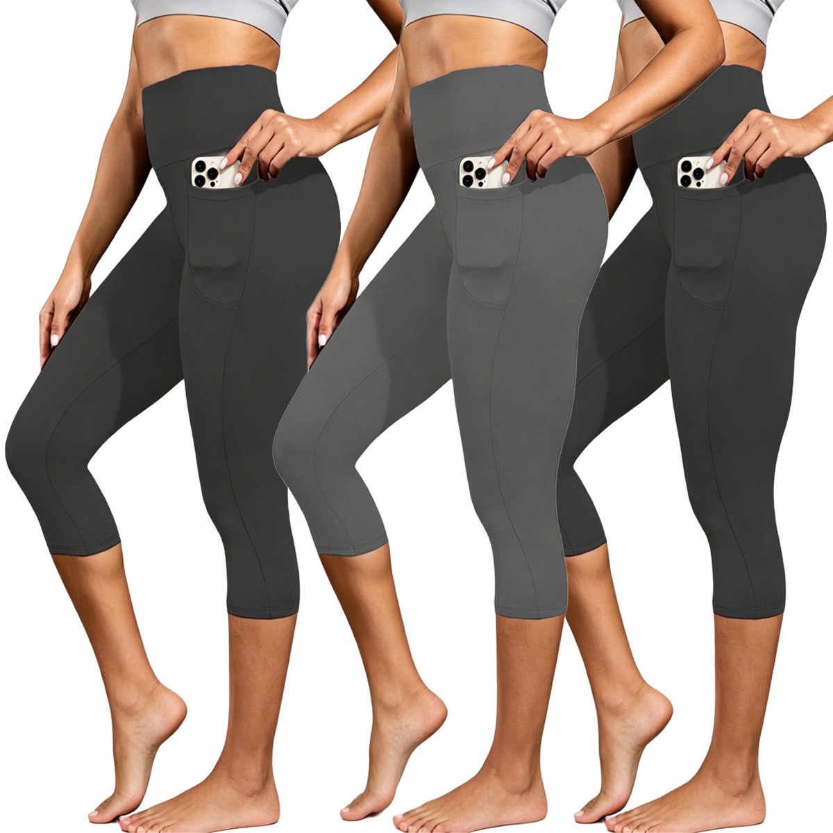 Women's High Waist Leggings (1- to 3-Pack) - 3-Pack(Black,Black,Grey)-S