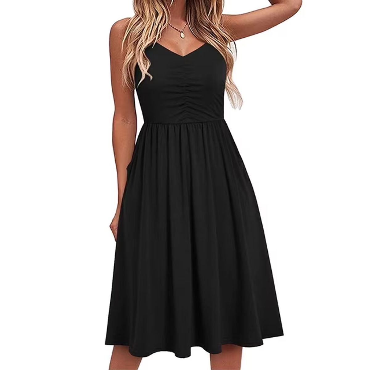 Women's V Neck Ruched Spaghetti Strap Midi Dress - Black-XL