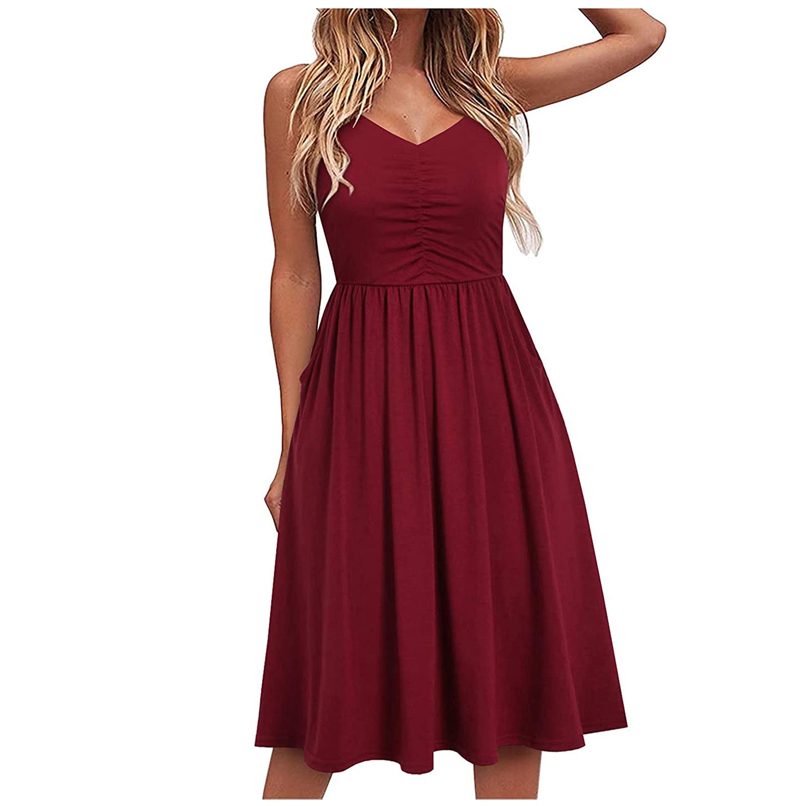 Women's V Neck Ruched Spaghetti Strap Midi Dress - Red-2XL