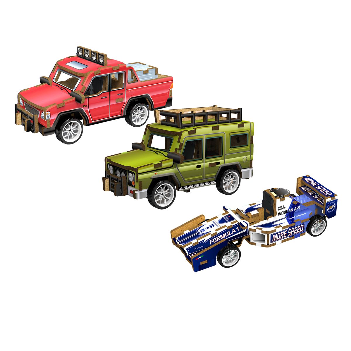 DIY 3D Movable Wooden Puzzles Vehicles Toy (3-Pack) - Truck, Jeep, Race Car